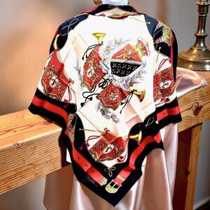 Unused Celine Paris 100% Silk Scarf Satin 34" Beige Black Red Prumpet Bow  (37